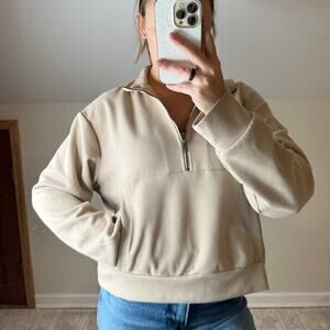 Tahari Tan Suede Quarter Zip Boxy Sweatshirt